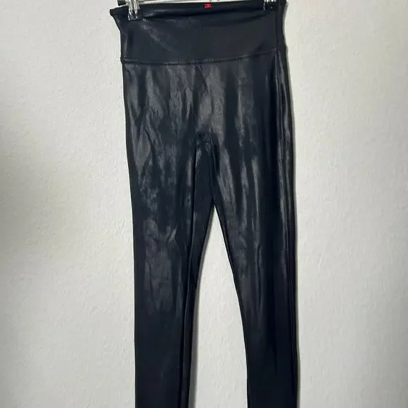 Spanx Women's Faux Leather Leggings Black Shaping Contour Waistband Size XS